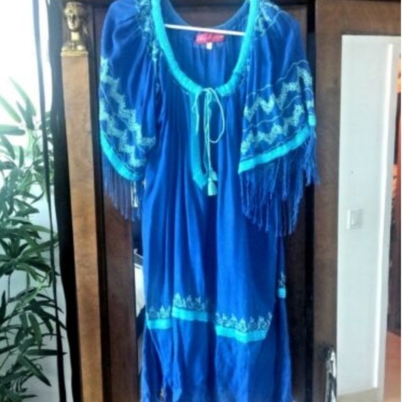 Dress XL Embroidered Boho hippie tassels blue beachwear - Picture 1 of 5